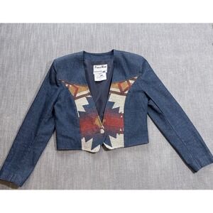 Pioneer Wear Womens Blue Denim Southwestern Tapestry Cropped Jacket Medium 22663